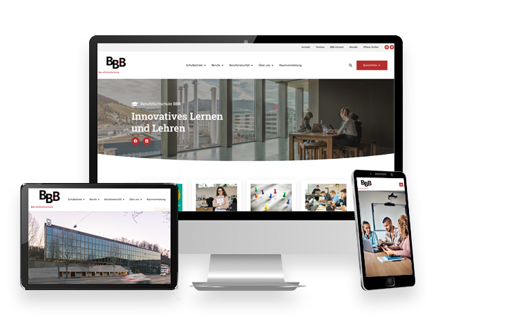 Website des Berufsbildungszentrums BBB Baden auf Monitor, Tablet und Smartphone.