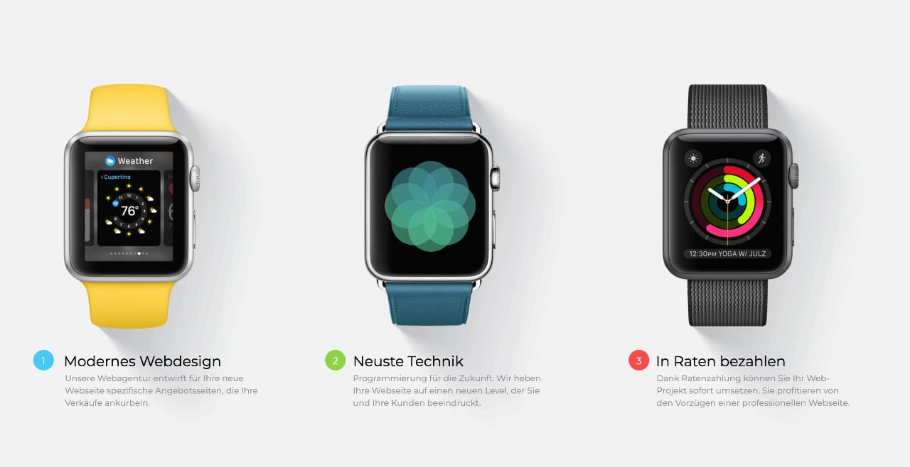 Drei Smartwatches mit verschiedenen Displays und Armbändern, dazu Symbole und deutscher Text.