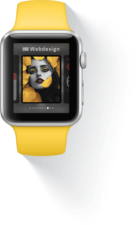 Smartwatch mit gelbem Armband zeigt Webdesign mit Frau und gelben Blättern auf dem Display.