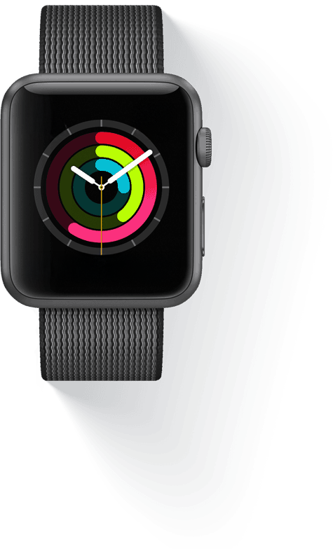 Schwarze Smartwatch mit Netzband und bunten Aktivitätsringen auf quadratischem Display.