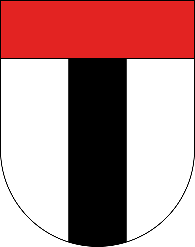 Schild mit rotem Oberband, schwarzem Mittelstreifen und weißen geschwungenen Abschnitten an den Seiten.