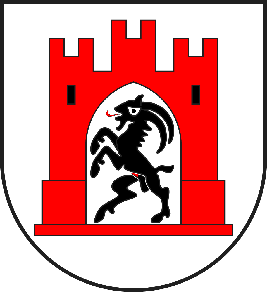Wappen mit roter Burg, drei Türmen, schwarzer Ziege im Tor auf weißem Schild.