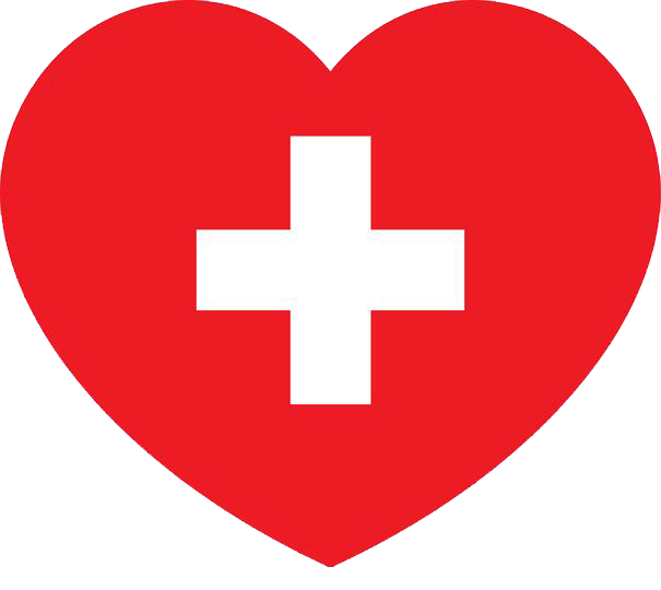 Rotes Herz mit weißem medizinischem Kreuz als Symbol für Gesundheitsfürsorge und Barmherzigkeit.