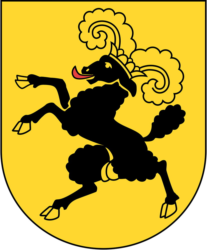 Schwarzer Pudel auf Hinterbeinen auf einem gelben Schild, inspiriert vom Schaffhauser Erbe.