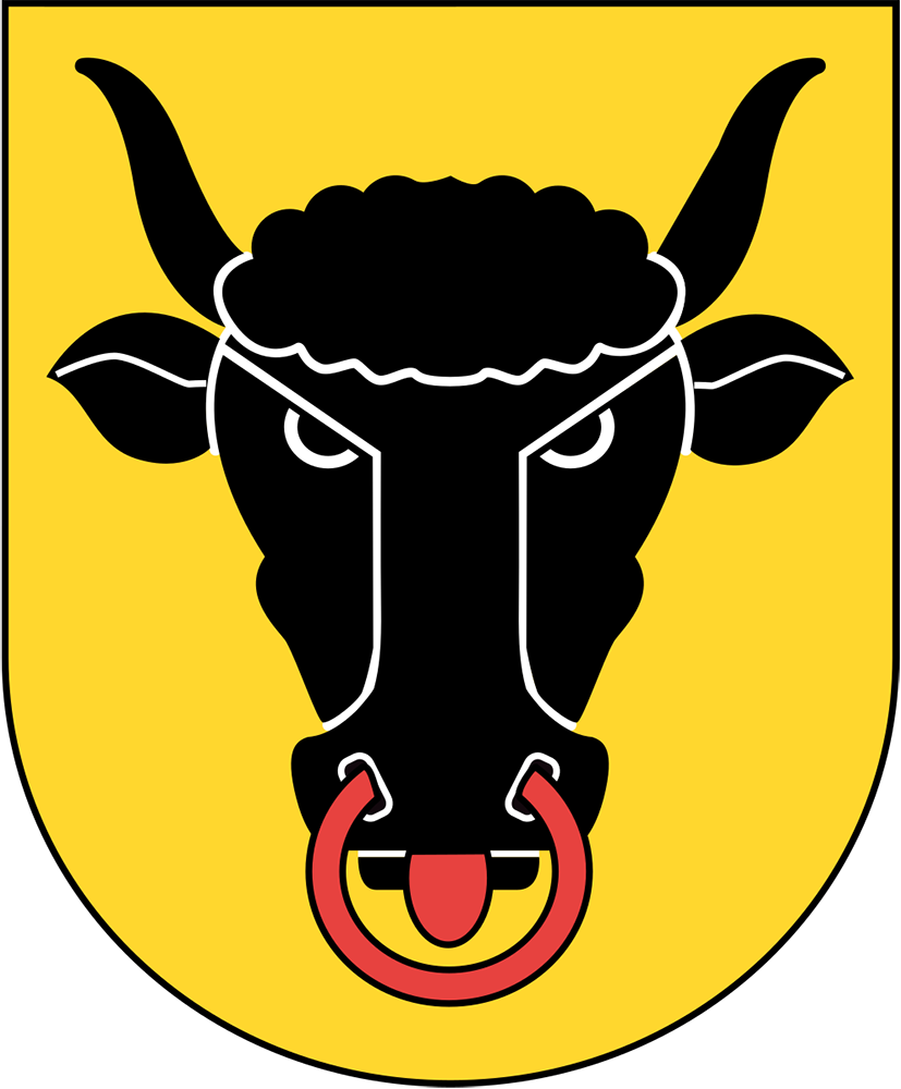 Schwarzer Stierkopf mit weißen Konturen, roten Augen und Nasenring auf gelbem Schild.