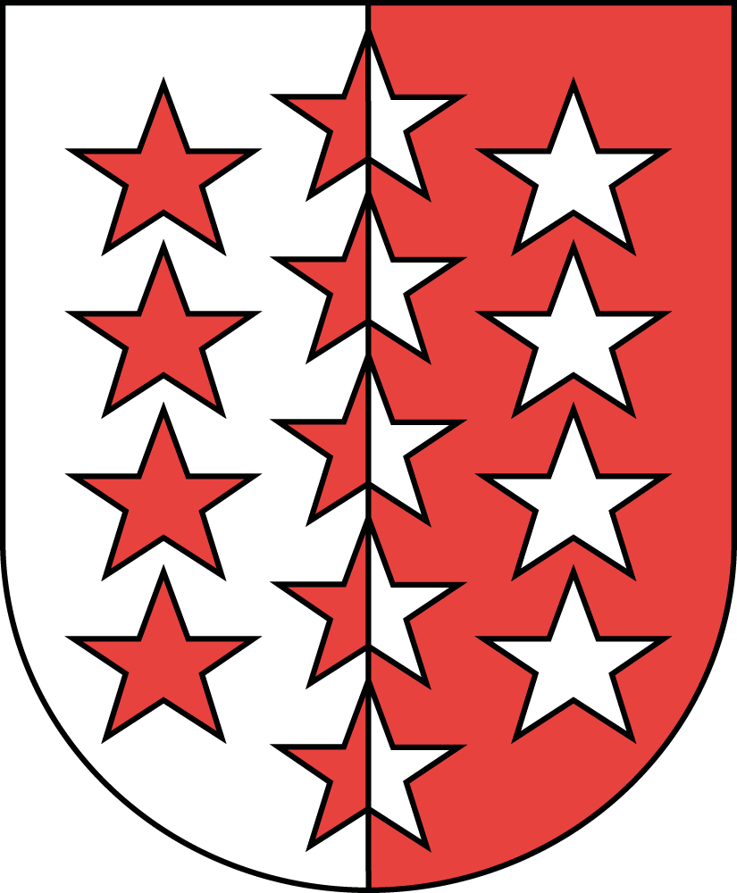 Schild vertikal geteilt: links weiß mit fünf roten Sternen, rechts rot mit fünf weißen Sternen.