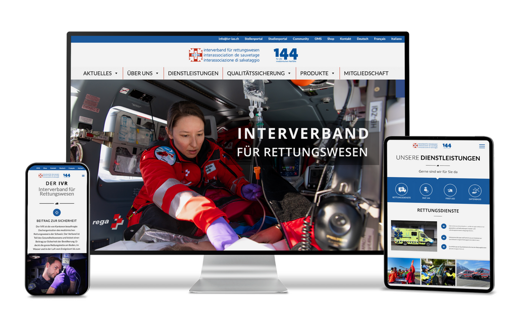 Website auf Desktop, Tablet und Smartphone mit Rettungsdienst im Helikopter.