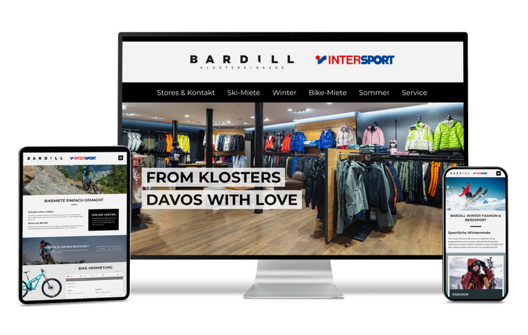 Monitor und zwei Smartphones zeigen die Bardill Intersport Website mit Sportartikeln.