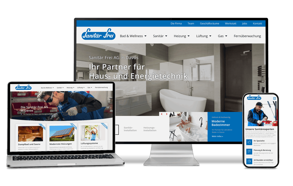 Klempner-Website mit blau-weißem Branding auf Desktop-, Laptop- und Telefonbildschirmen.