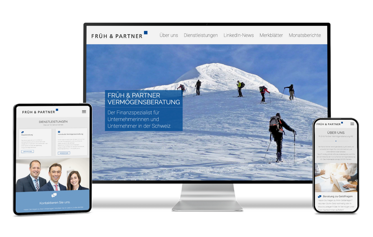 Früh & Partner Website auf Computer, Tablet und Smartphone mit Wintermotiv und Skifahrern.