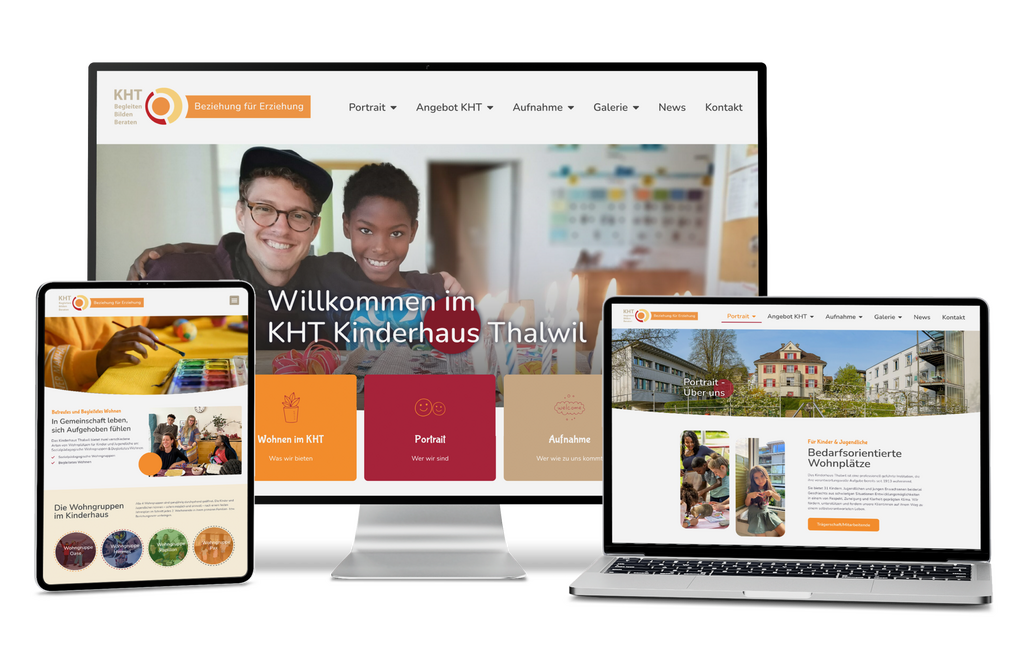 KHT Kinderhaus Thalwil Website auf Desktop, Laptop und Tablet mit Infos zu Kinderbetreuung.
