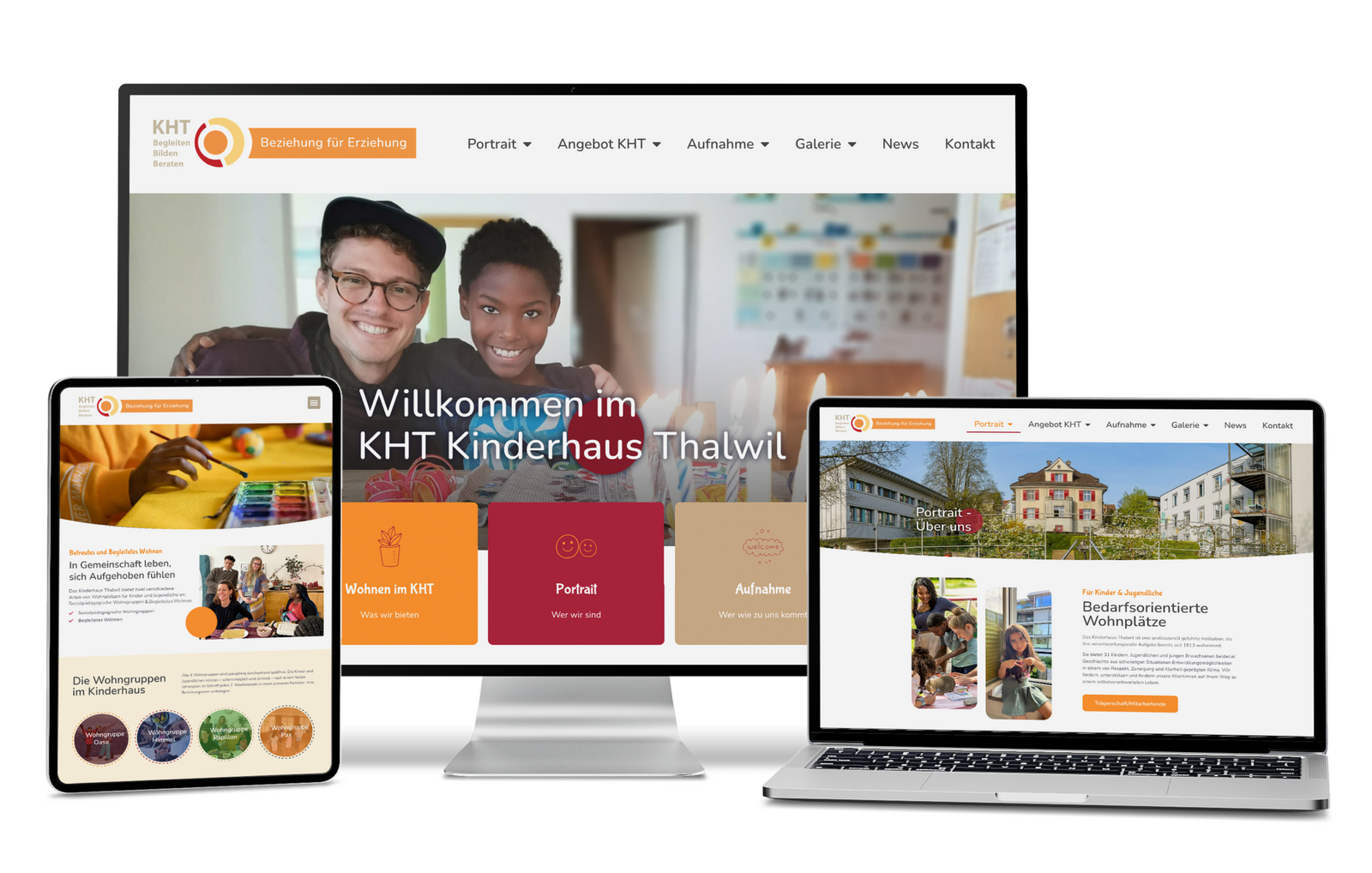 KHT Kinderhaus Thalwil Website auf Desktop, Laptop und Tablet mit Infos zu Kinderbetreuung.