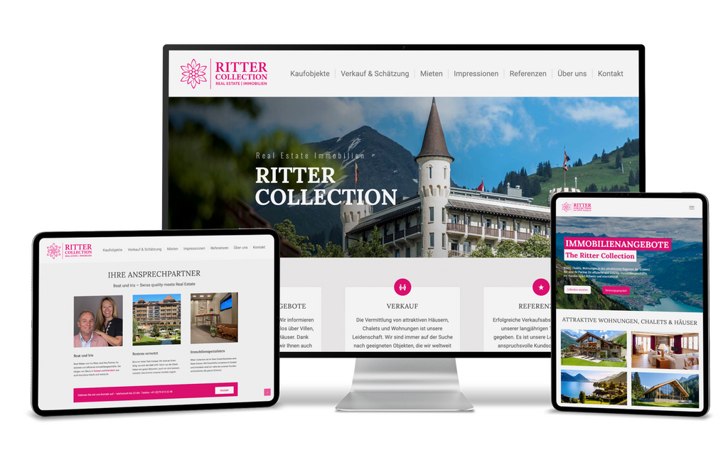 Tablet, Monitor und Smartphone zeigen die Ritter Collection Immobilien-Webseite vor Bergen.