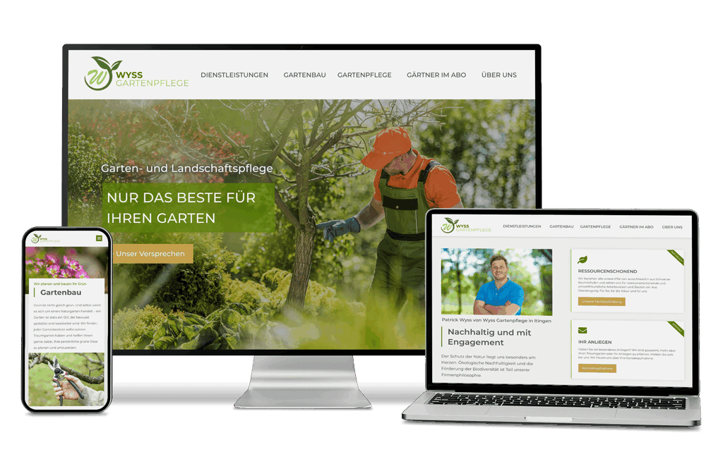Wyss Gartenpflege-Website auf Smartphone, Laptop und Monitor, grün und gartenthematisch.