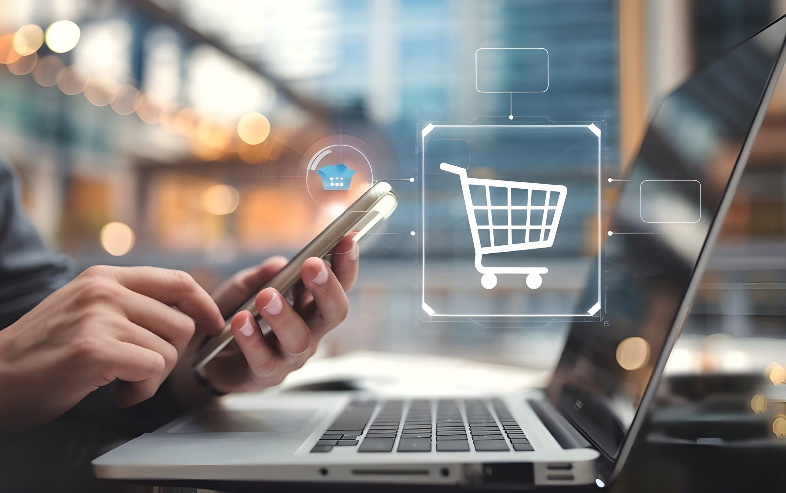 Person mit Smartphone am Laptop, digitale Einkaufskorb-Grafik steht für Online-Shopping.