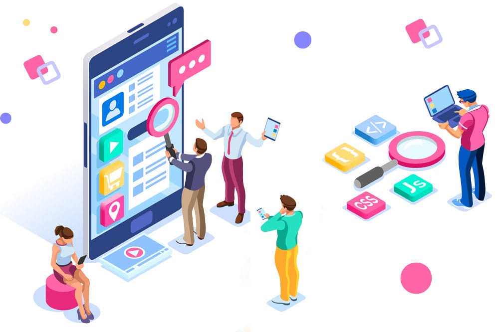 Menschen, die mit einem riesigen Smartphone und Codesymbolen gemeinsam an der Entwicklung einer App arbeiten.