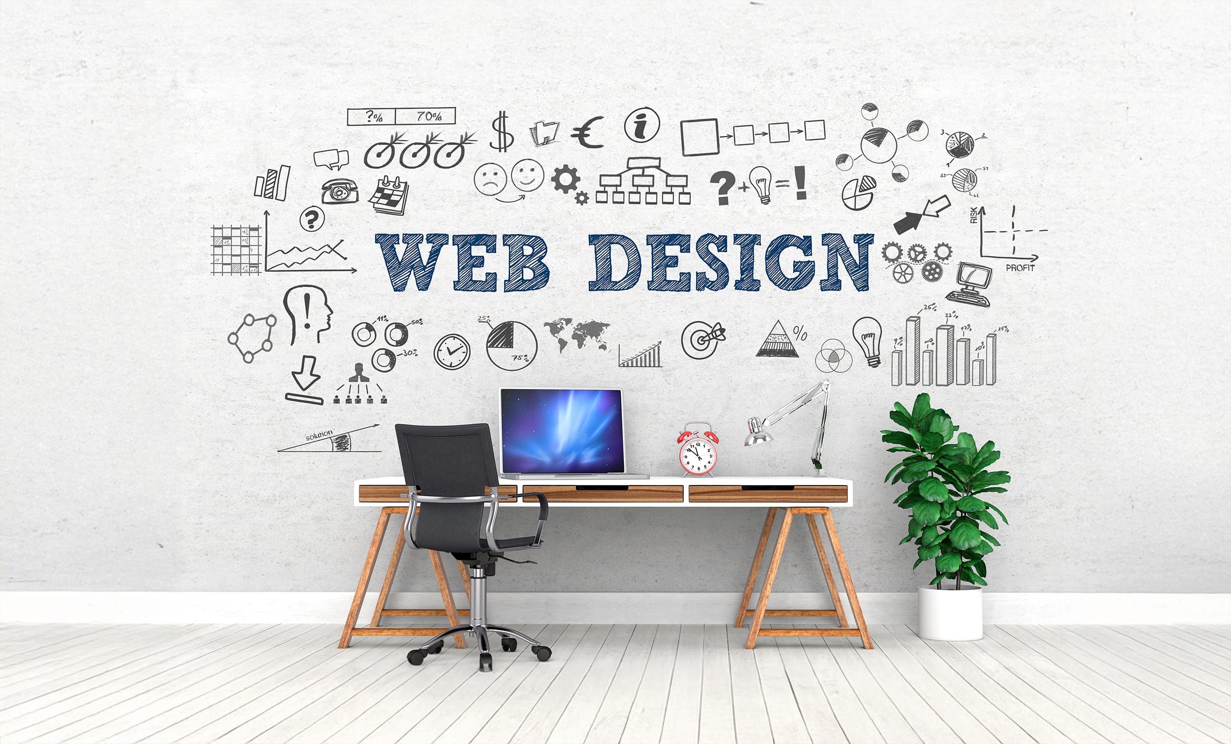 Moderner Bürotisch mit Computer, Stuhl, Pflanze, Uhr, Lampe und Wanddekor "WEB DESIGN".