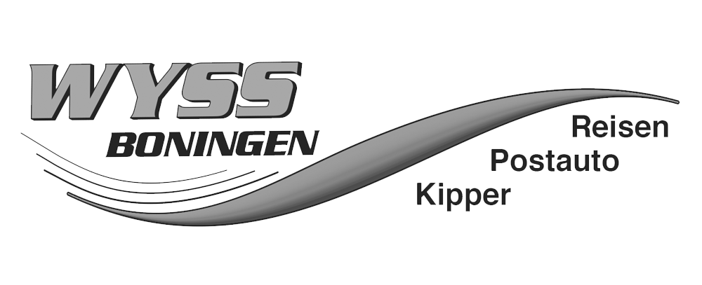 Logo: "WYSS BONINGEN" in Fettdruck über einem Bogen mit "Reisen", "Postauto", "Kipper".