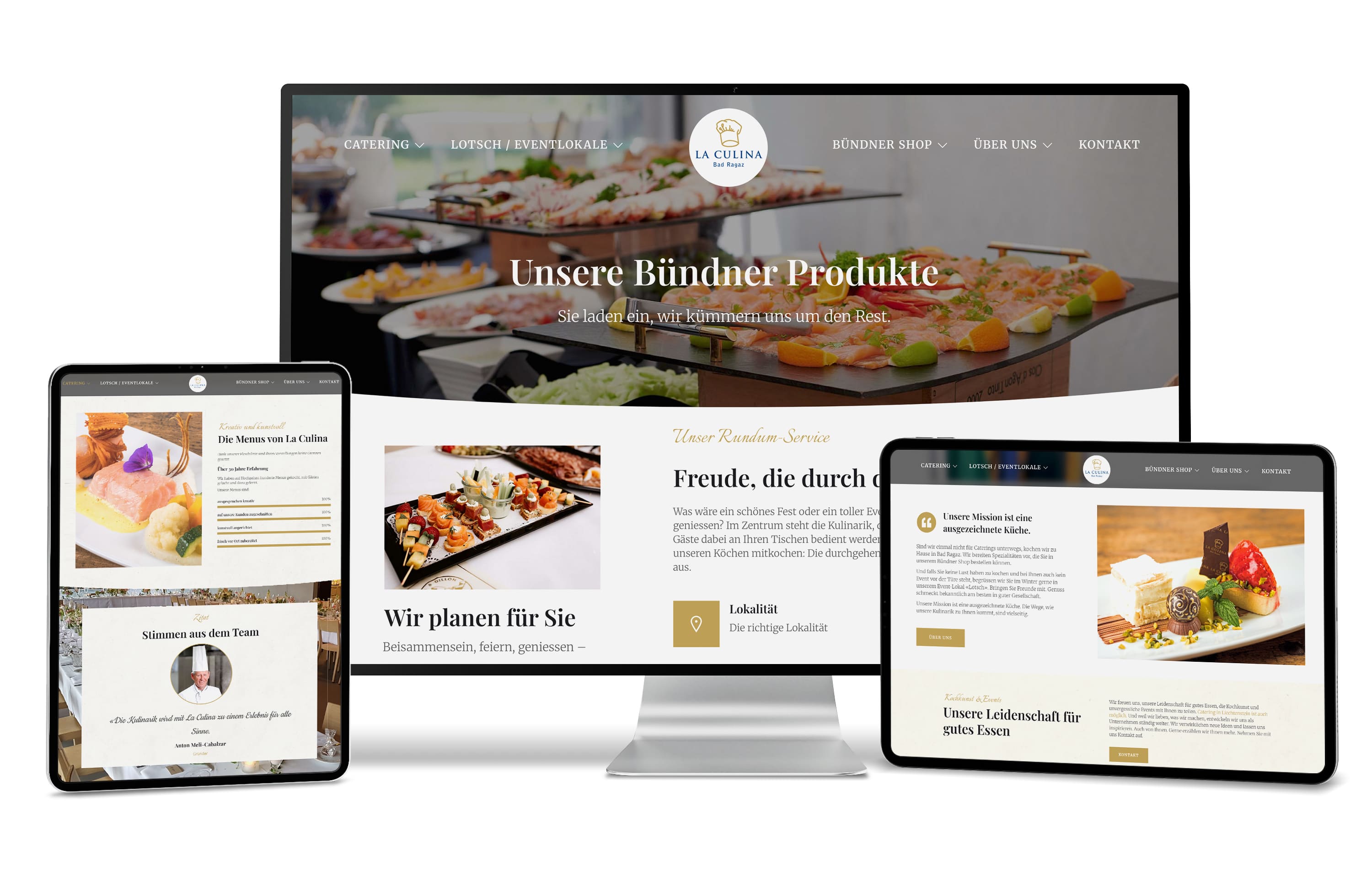 Die Bildschirme zeigen eine deutsche Catering-Site mit eleganten Speisen, Infos und gold-weißem Design.