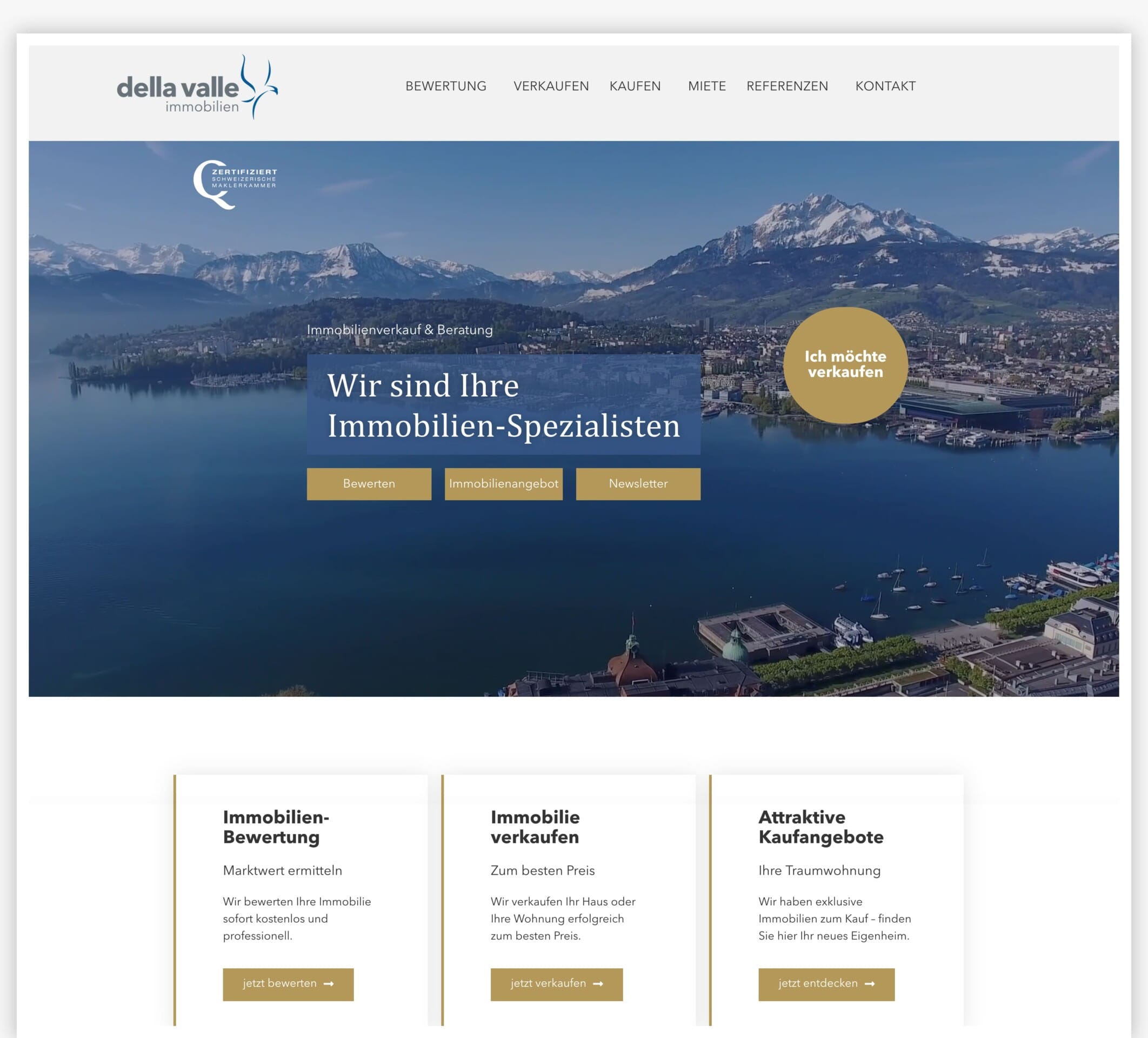 Immobilien-Website mit Seestadt-Banner, "Wir sind Ihre Immobilien-Spezialisten".