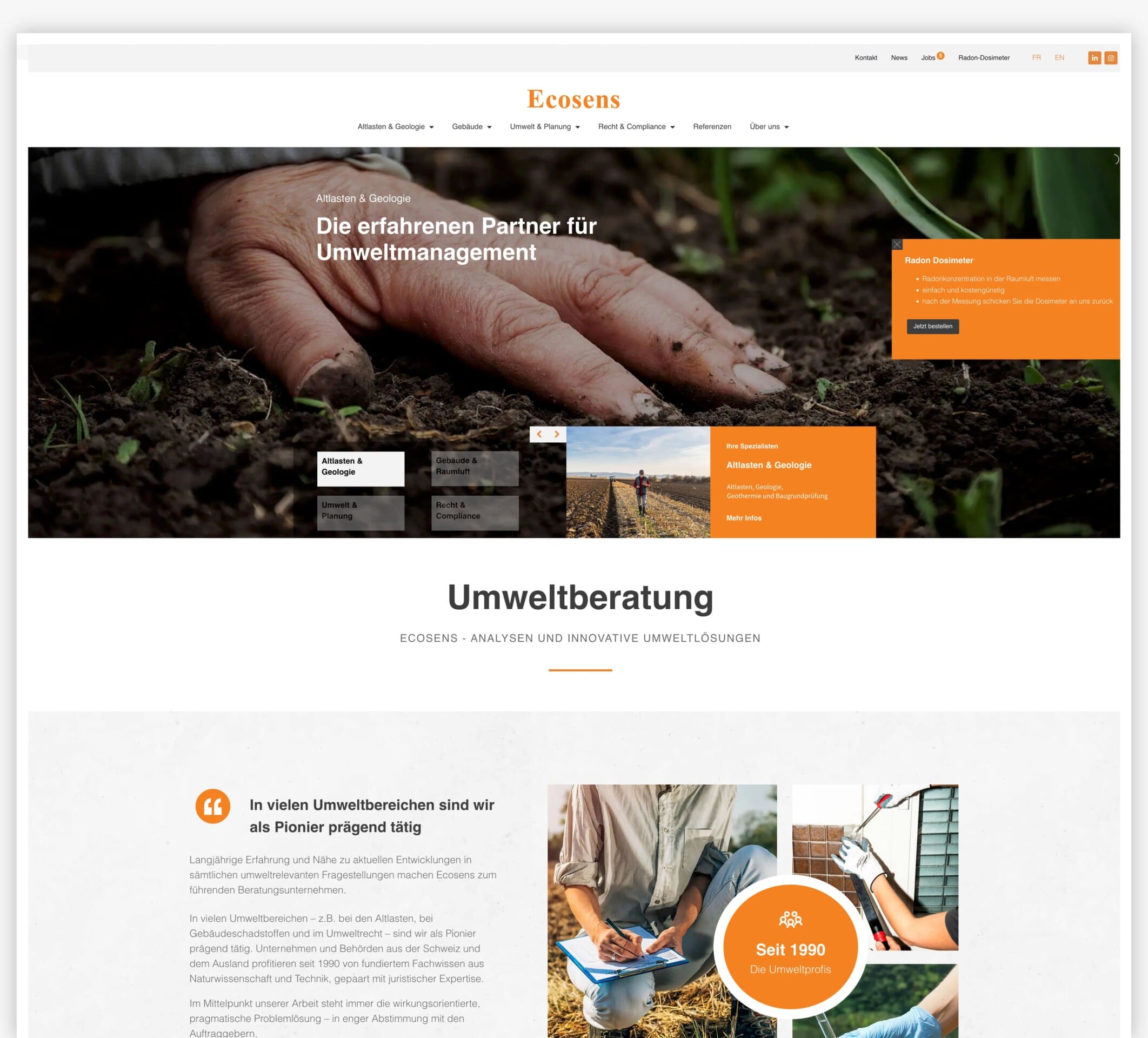 Screenshot Ecosens Website: Hand berührt Erde, Menüs, Beratung und Lösungen seit 1990.