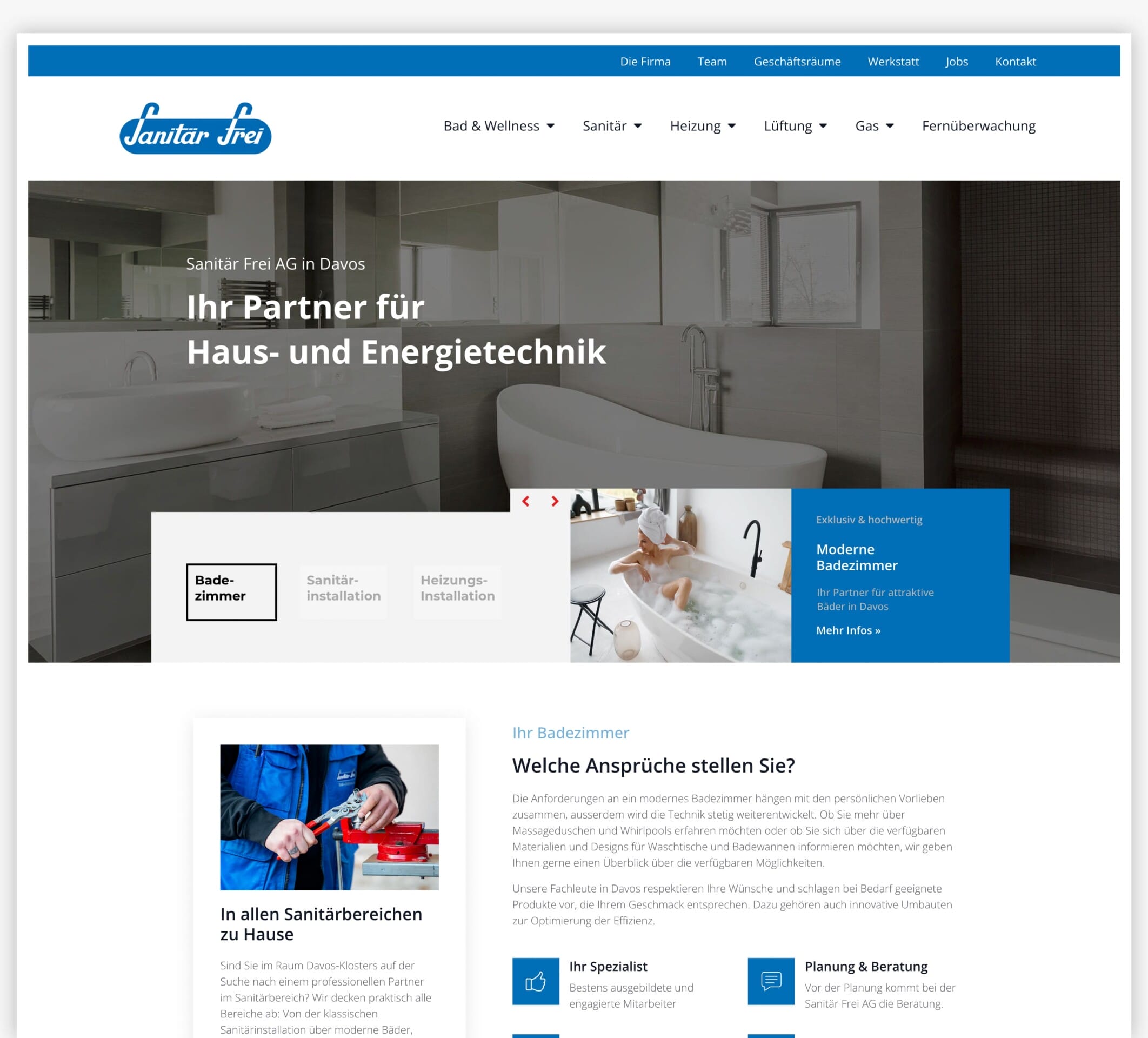 Screenshot der Website der Sanitär Frei AG Davos mit blau-weissem Design und Bädern.