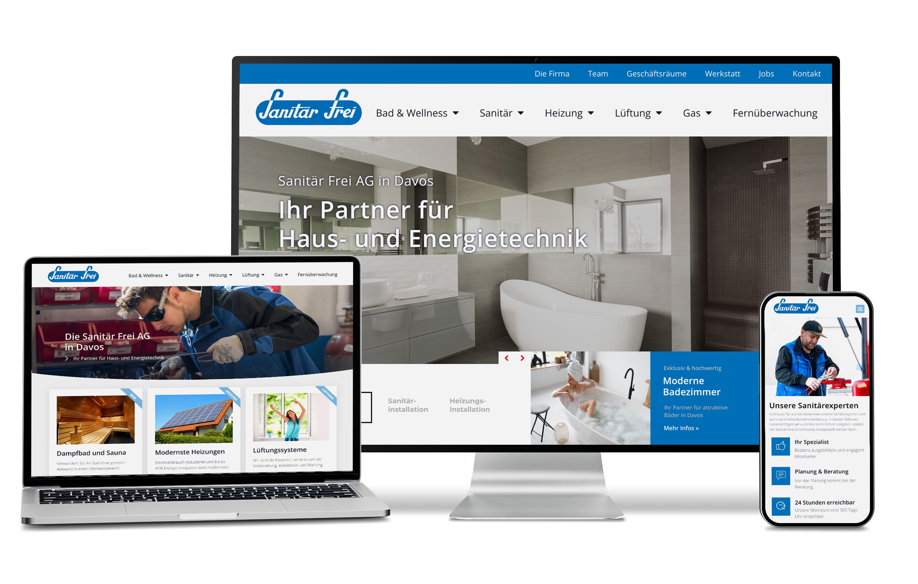 Sanitär Frei AG Website auf PC, Laptop, Tablet & Smartphone mit blau-weißem Design.