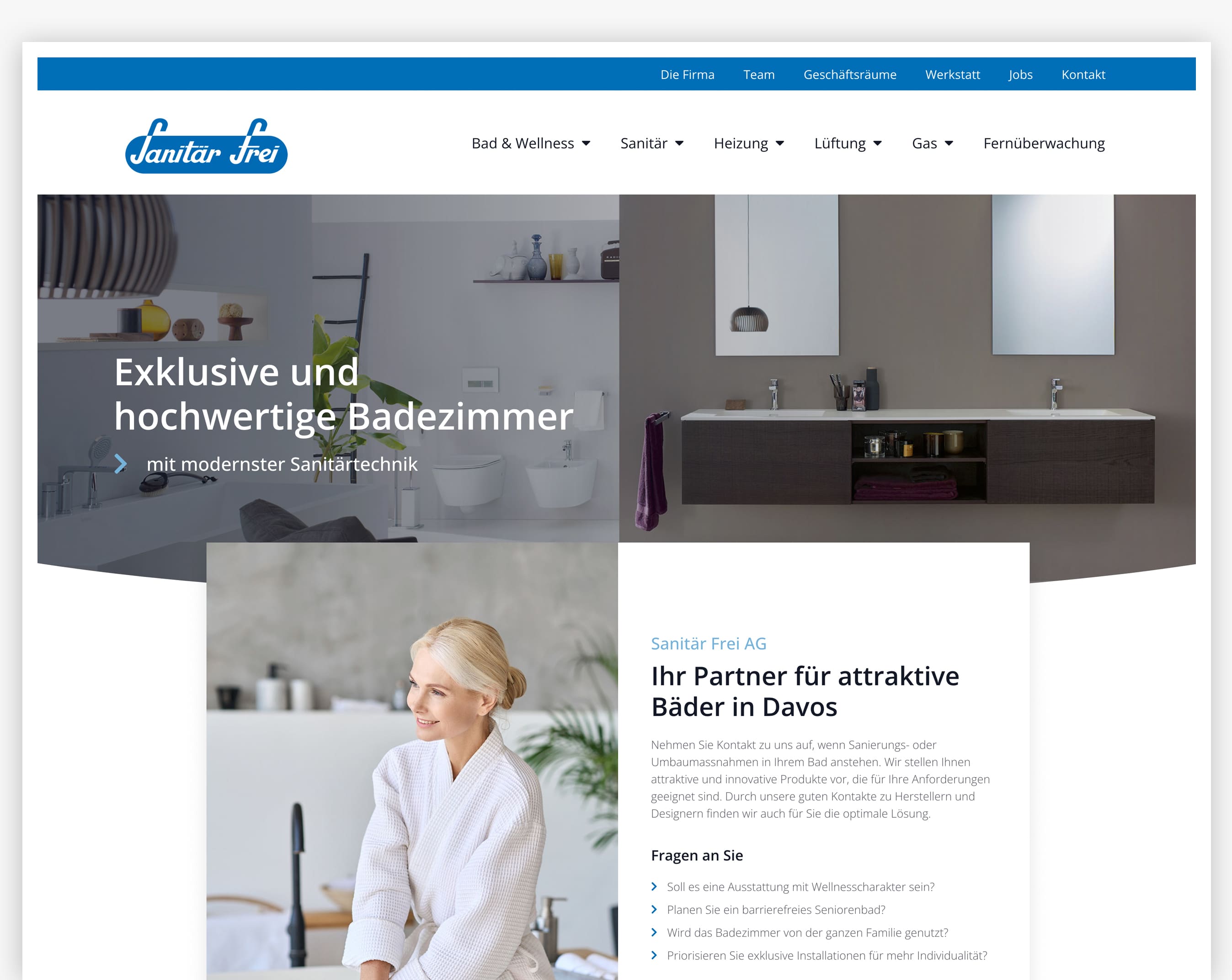 Die Website der Sanitär Frei AG zeigt moderne Bäder mit eleganten Waschbecken, Spiegeln und hochwertigem Design.