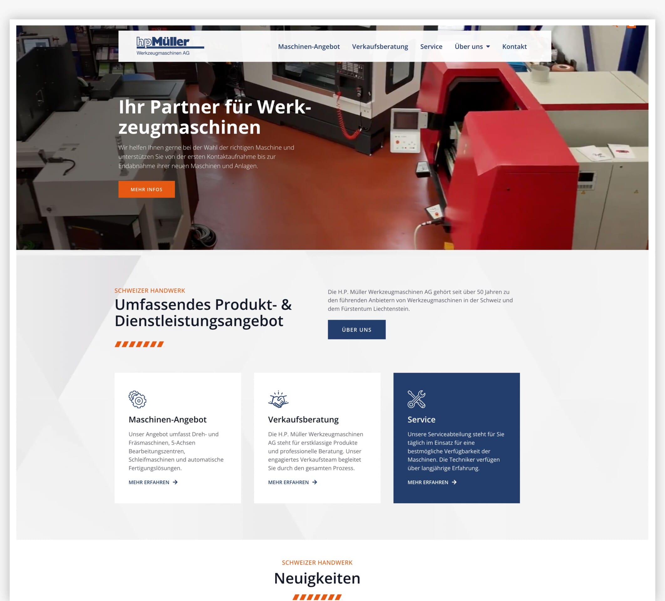 Homepage von Müller Werkzeugmaschinen mit Industriebildern und Menü für Produkte und Service.