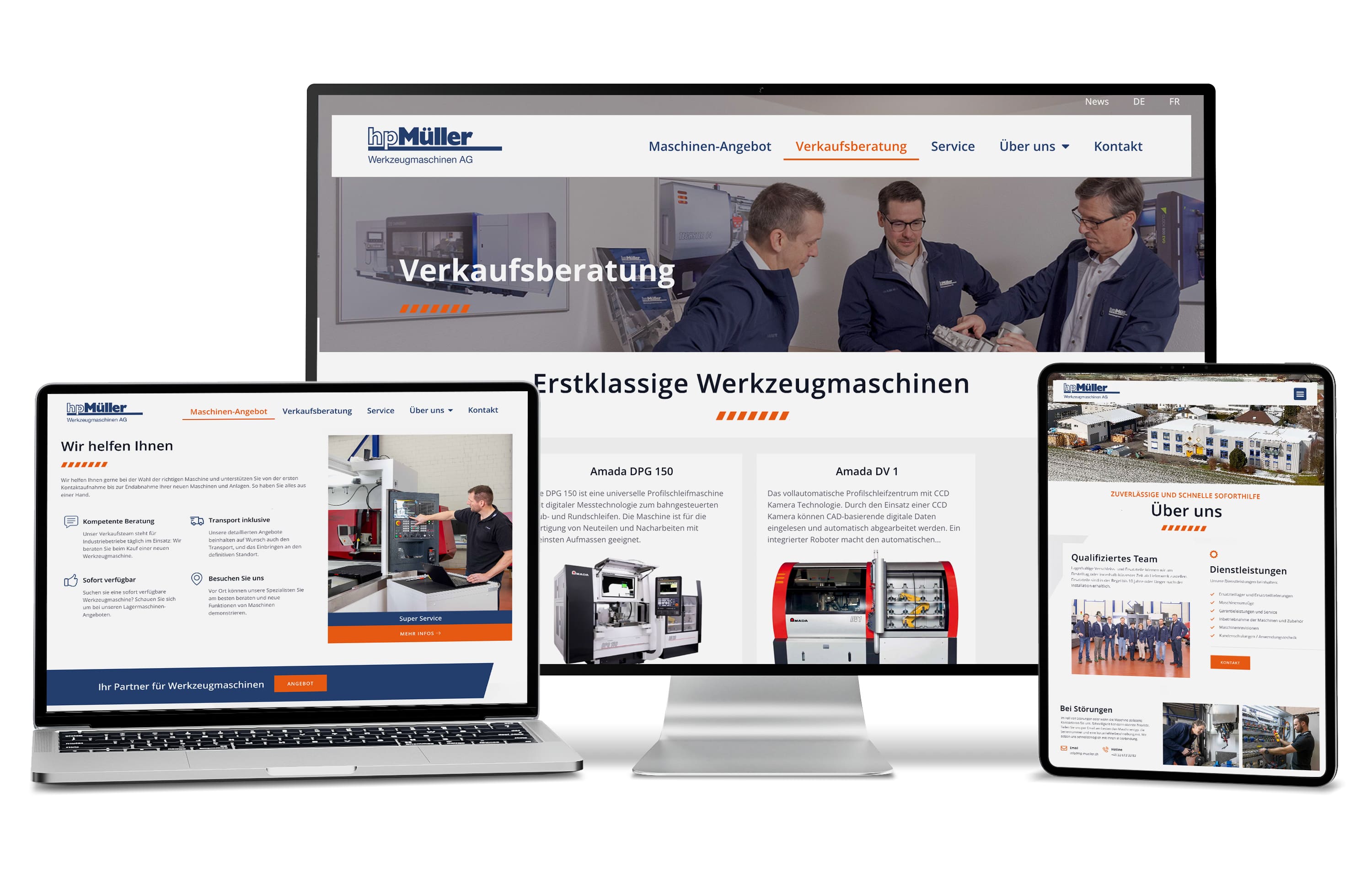Ing. Müller Werkzeugmaschinen AG Website auf Desktop, Laptop und Tablet in Deutsch.