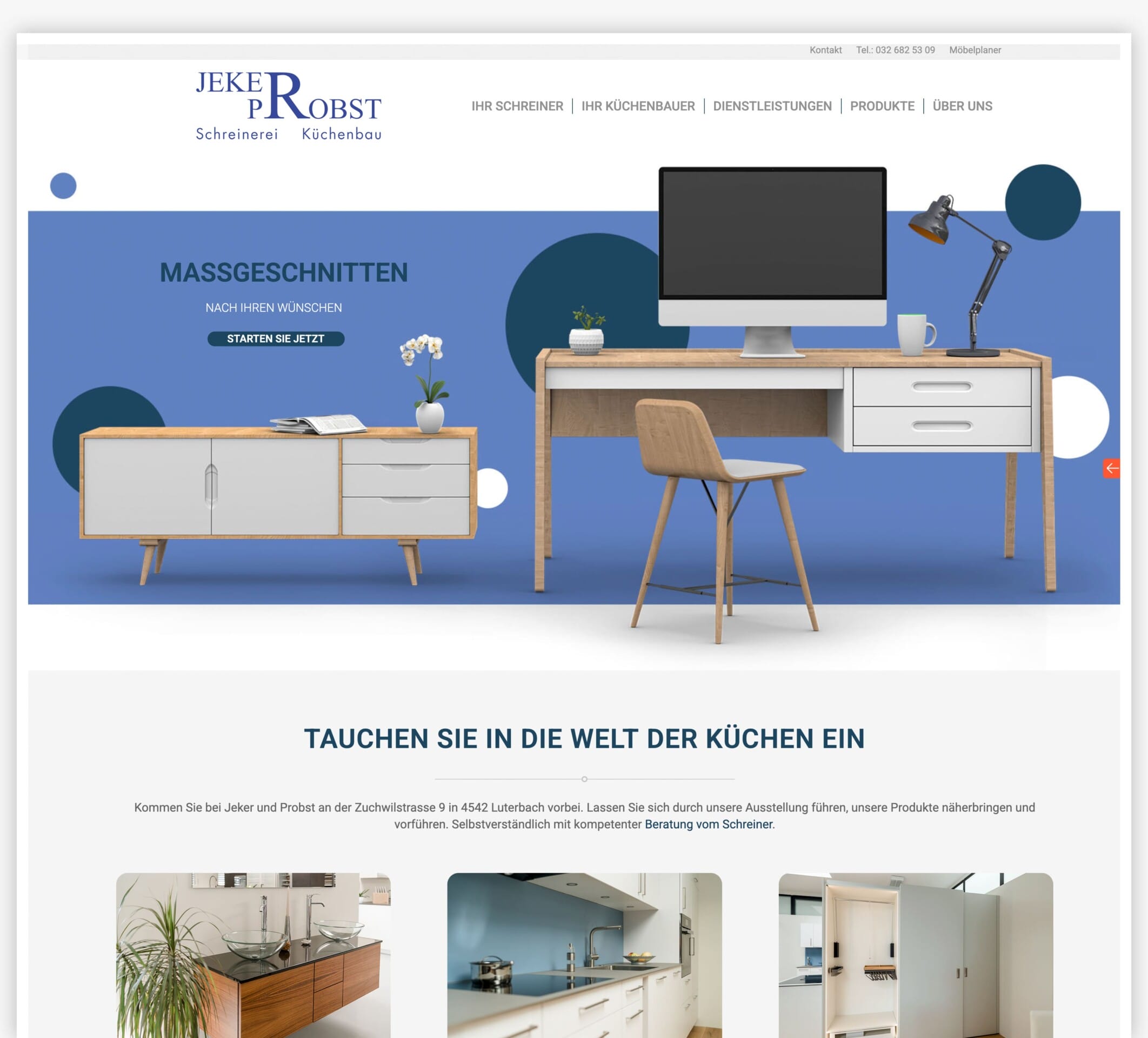 Moderner Schreibtisch und Schrank auf der Website von Jeker Probst Küchenbau mit blauem Motiv und "STARTEN SIE JETZT"-Button.