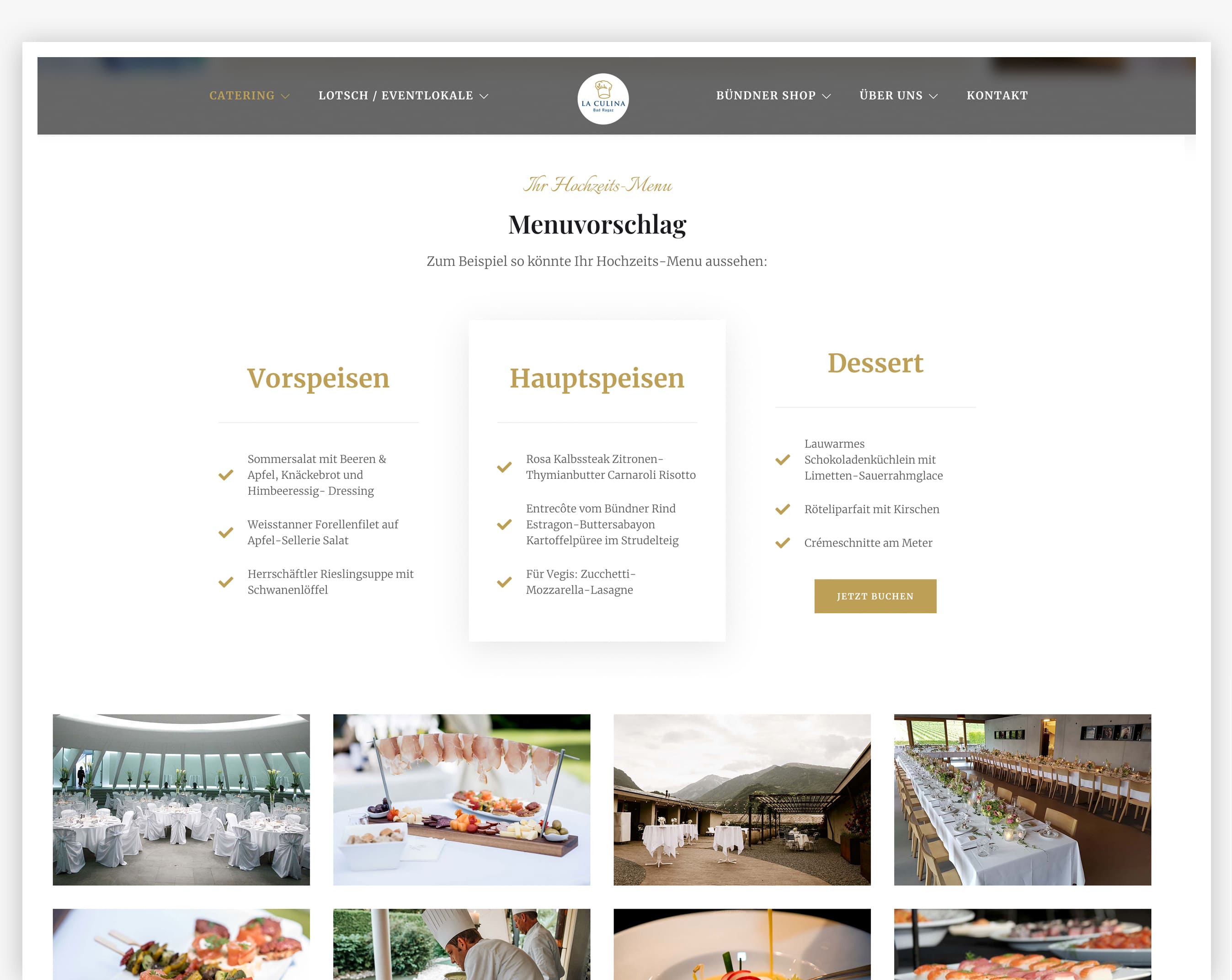 Screenshot einer Hochzeitsmenü-Webseite mit Speisen und Eventfotos im Raster.