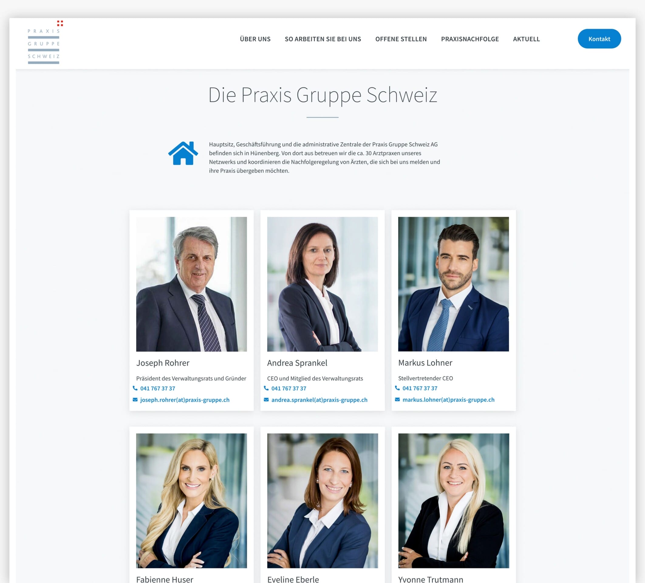 Sechs Headshots des Teams von Die Praxis Gruppe Schweiz mit Namen, Titel und Kontaktinformationen.
