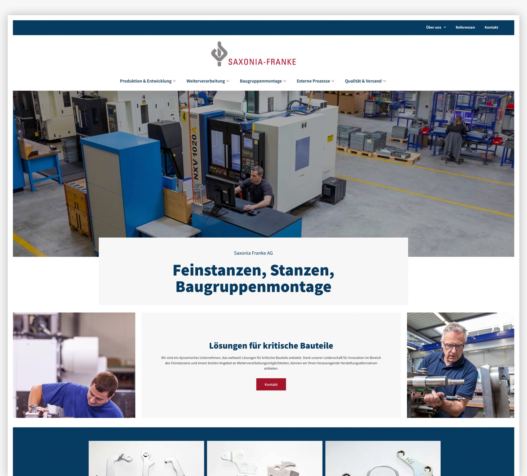 Homepage der Saxonia-Franke AG mit Mitarbeitern, Maschinen, Firmenlogo und Navigationslinks.