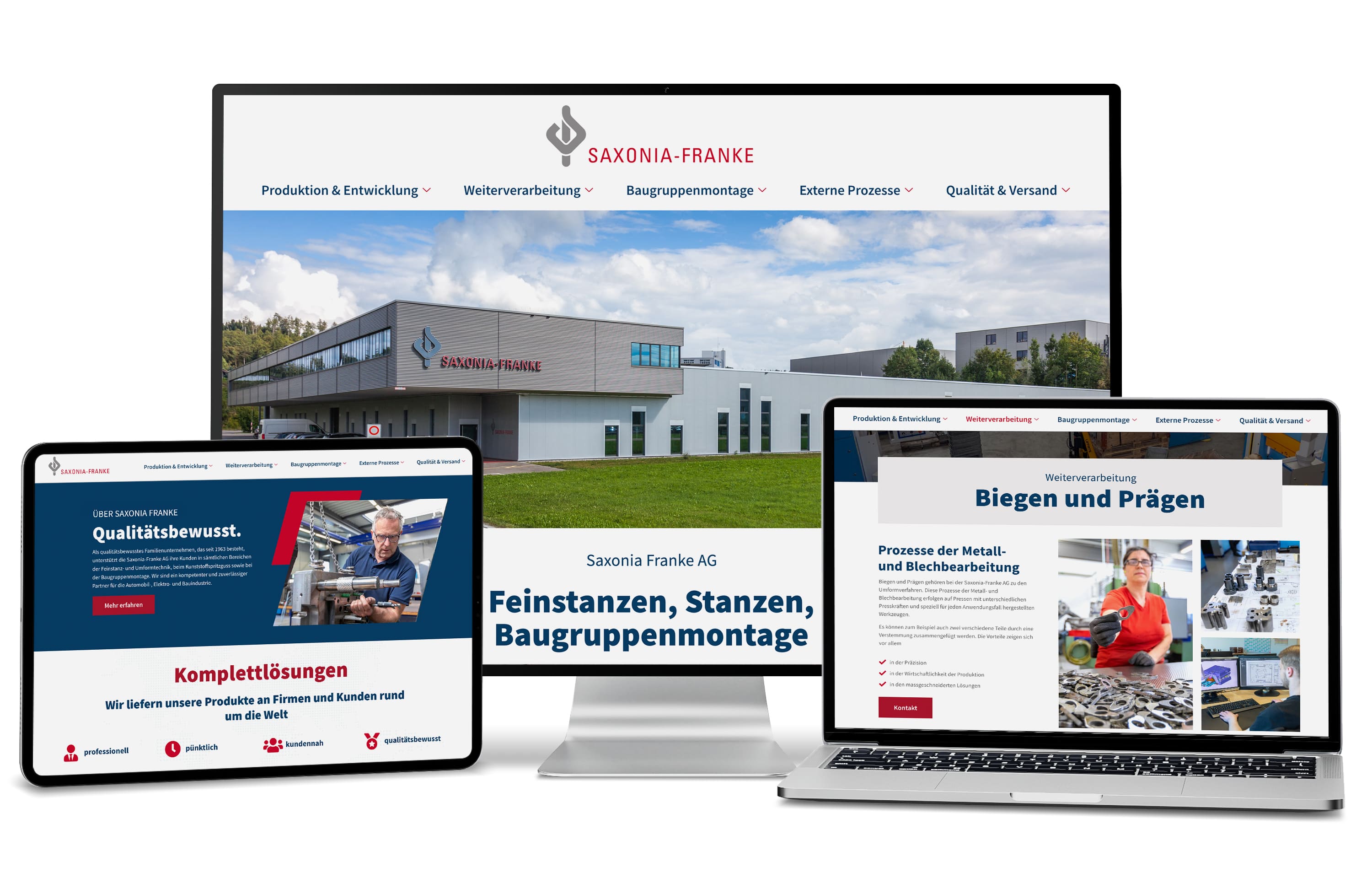 Monitor, Tablet und Laptop zeigen die Saxonia-Franke-Website in moderner Industrieumgebung.