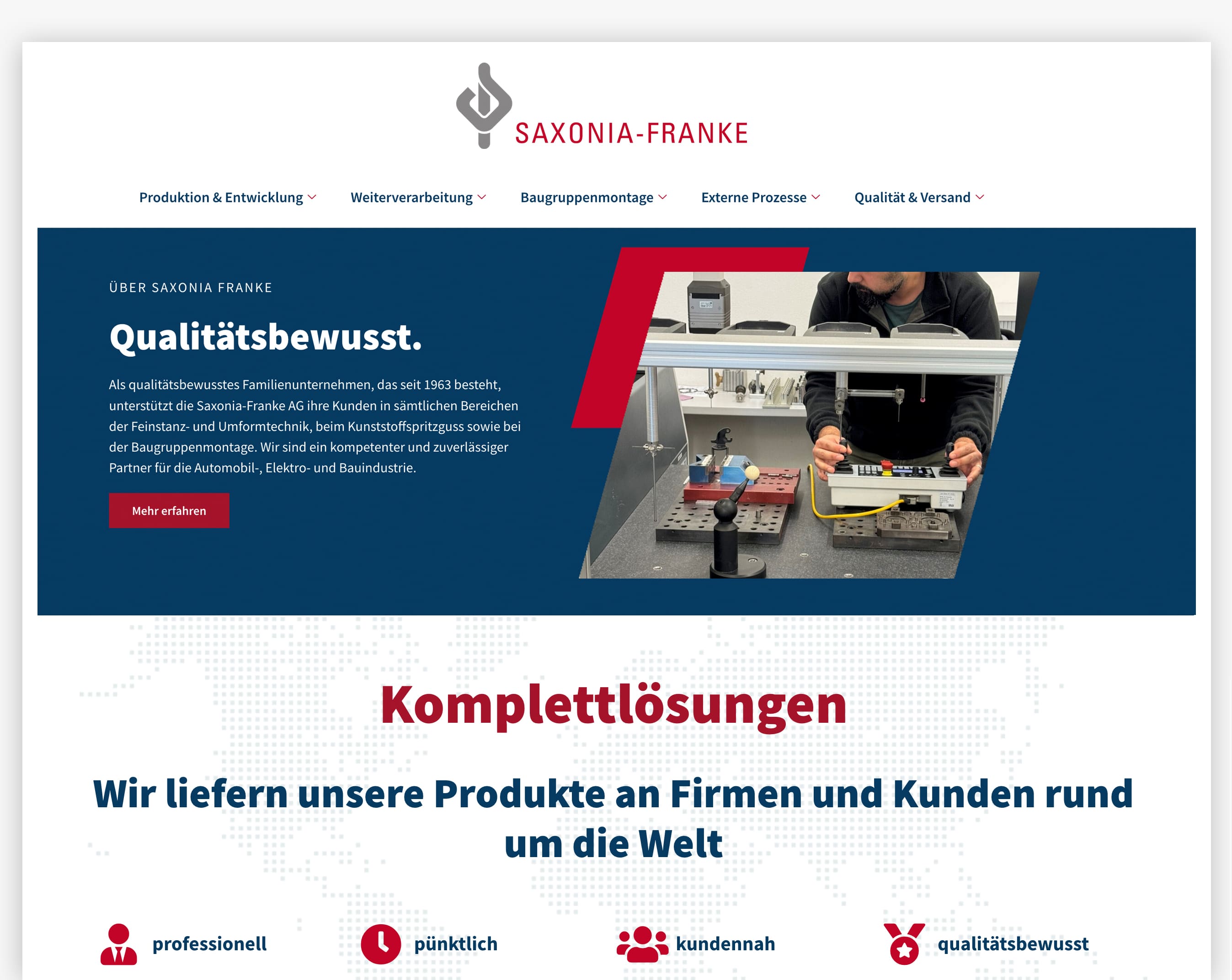 Screenshot Saxonia-Franke Website mit Header, Menü, Logo, Personenmessung, deutscher Text auf Qualität.