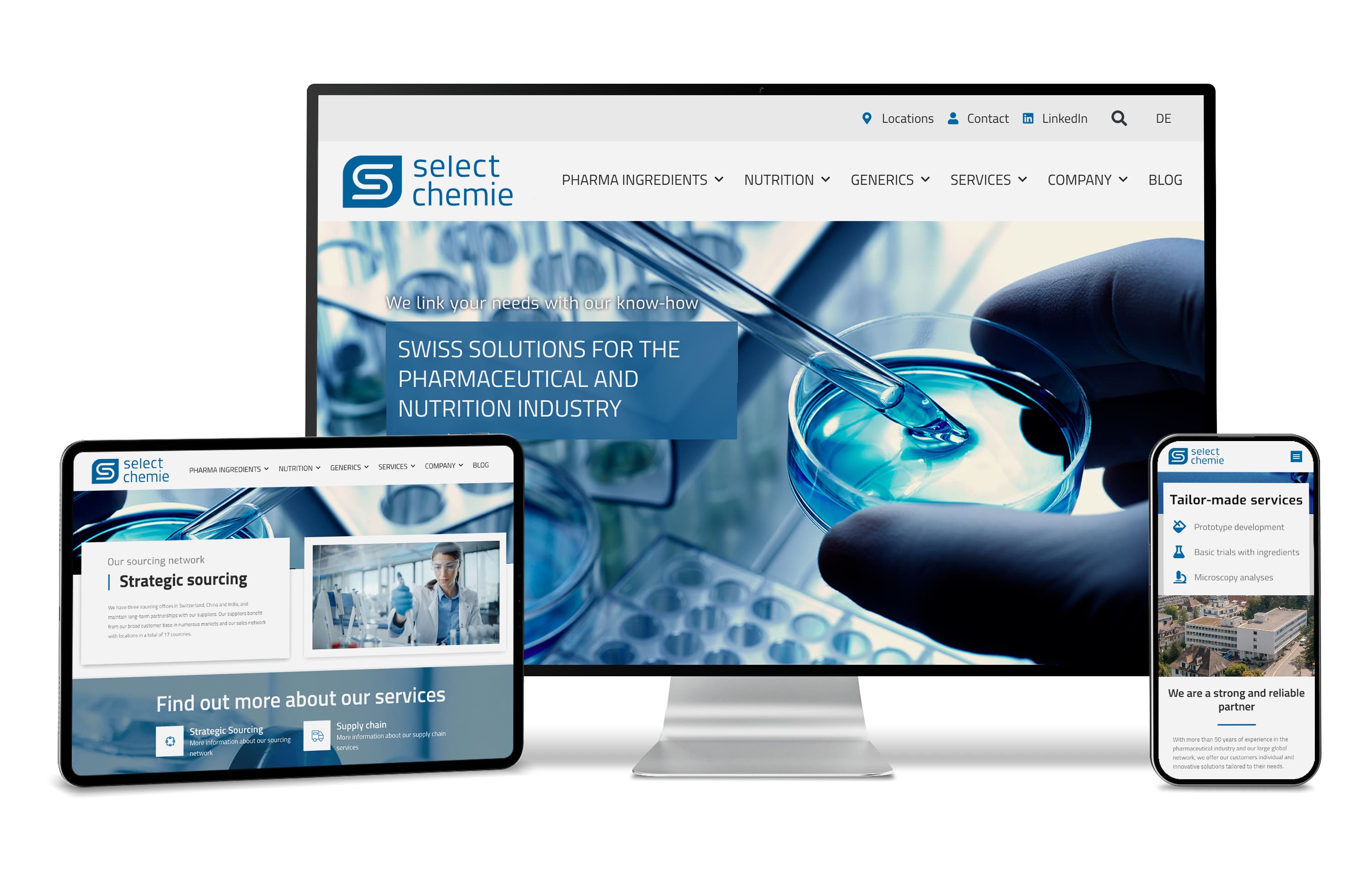 Geräte zeigen Selectchemie-Website mit blauen Laborbildern für Pharma und Ernährung.