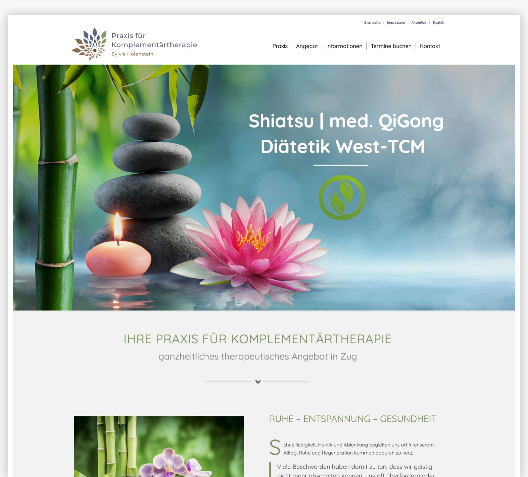 Website-Screenshot mit Bambus, gestapelten Steinen, Lotos im Header; Shiatsu, QiGong, West-TCM in Zug.