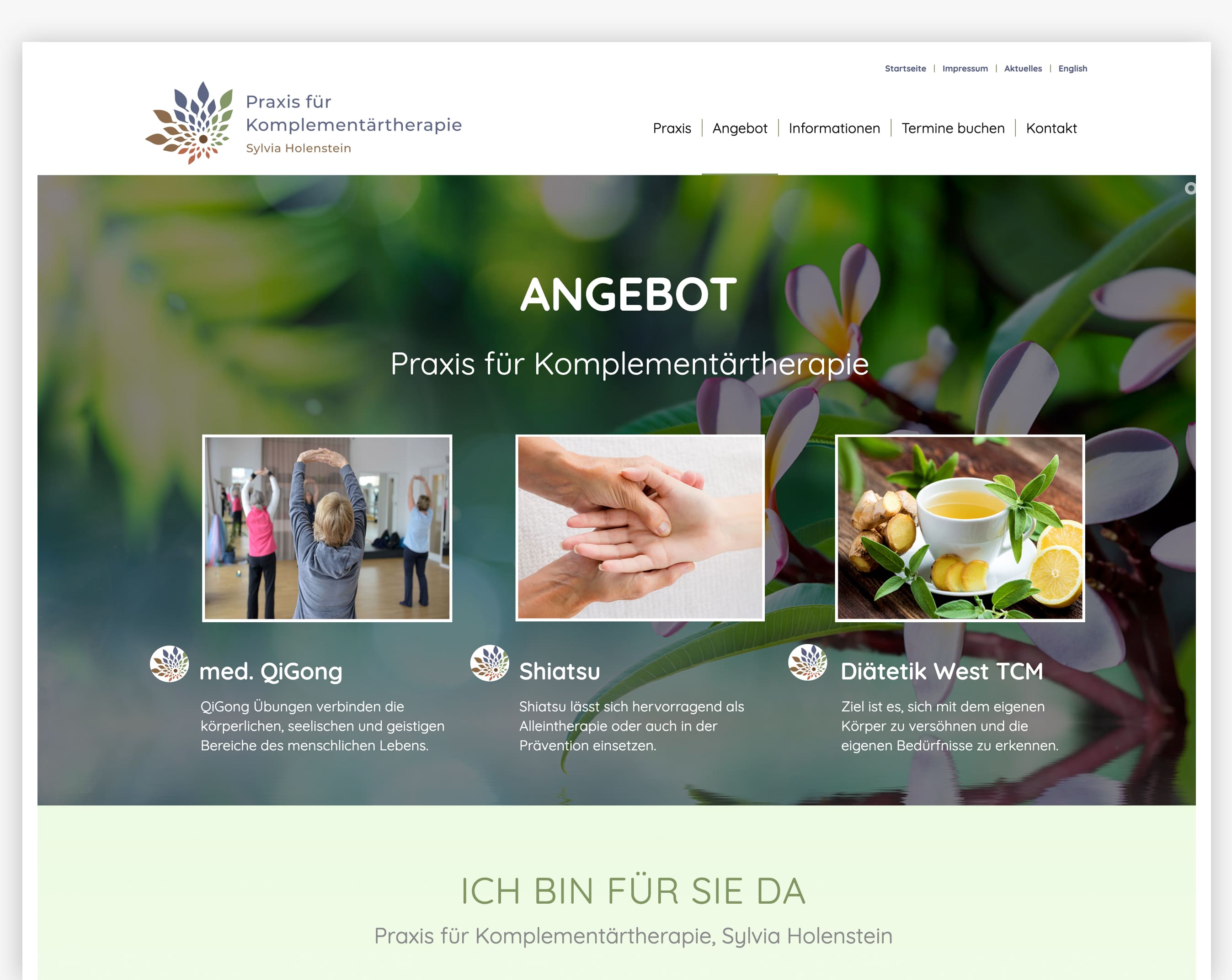 Screenshot der Praxis für Komplementärtherapie mit drei Therapieoptionen auf Grün.