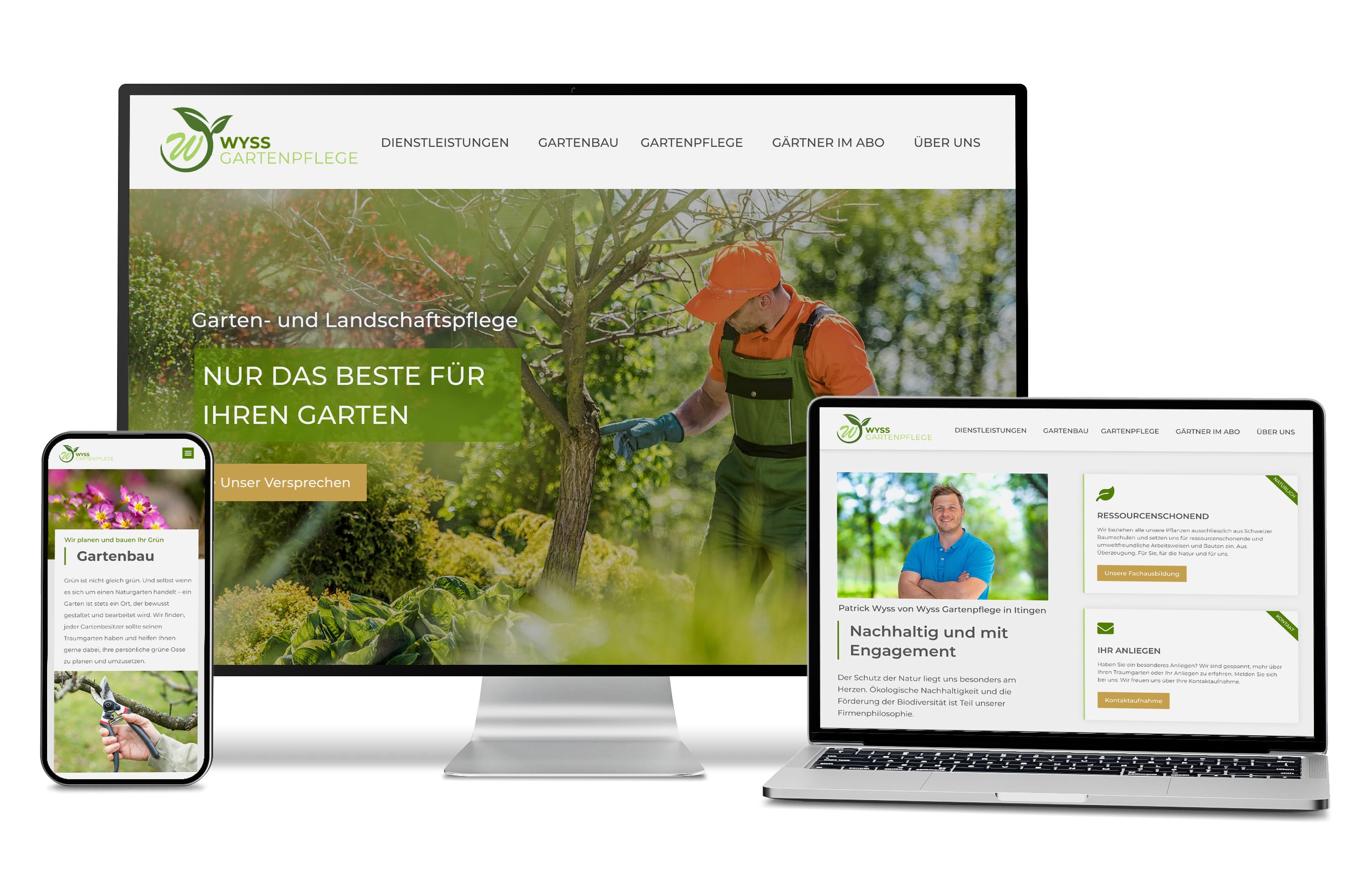 Wyss Gartenpflege Website auf Telefon, Desktop und Laptop mit Gartenbildern und grünem Design.