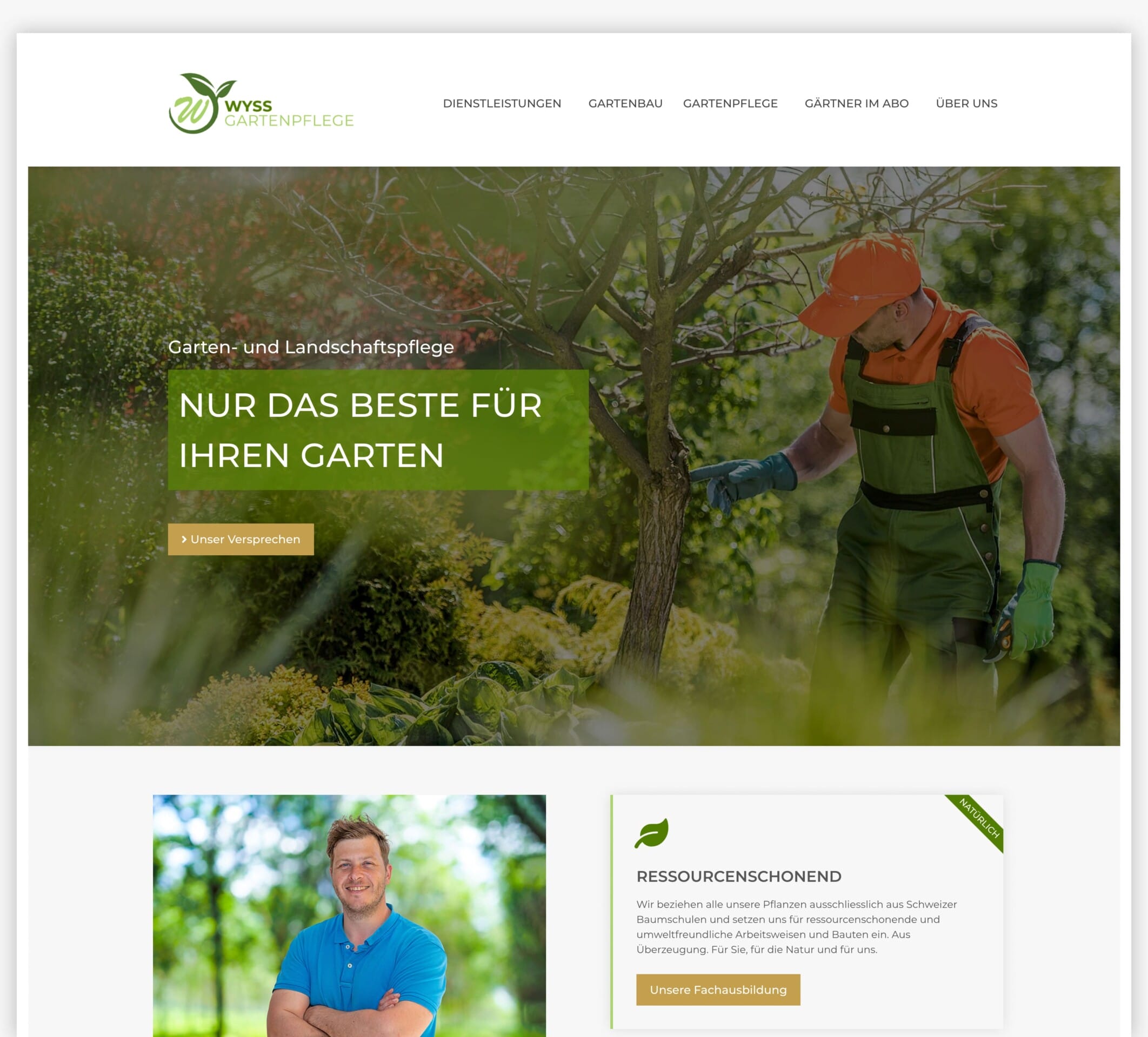 Screenshot einer Garten-Website mit Gärtner, Schlagzeile, Dienstleistungen und lächelndem Mann.