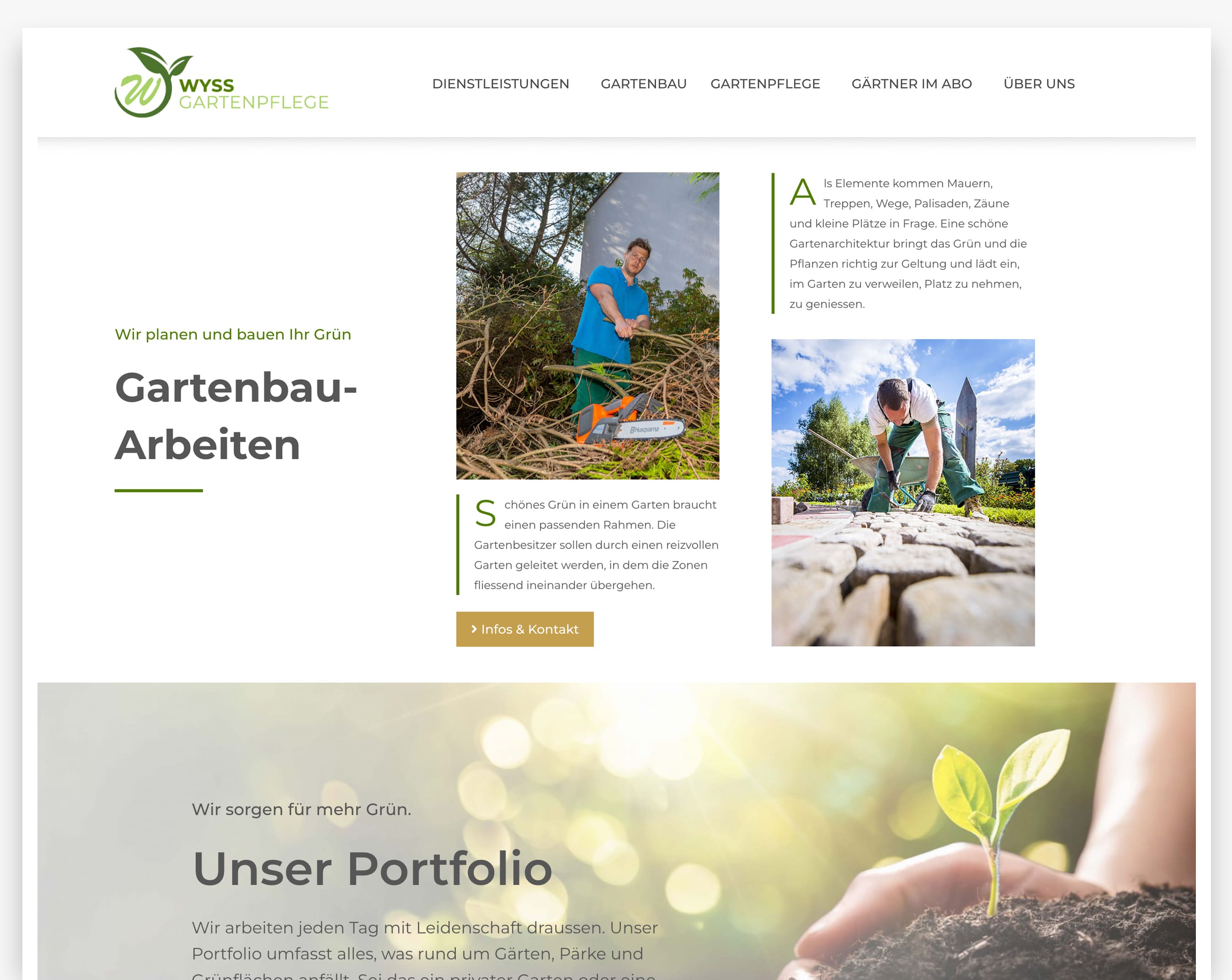 Gartenbau-Website Screenshot mit Menschen pflanzen, grün-weißes Design, Dienstleistungen Text sichtbar.