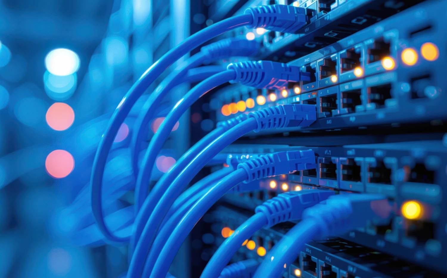 Blaue Ethernet-Kabel in Netzwerk-Switches mit orangefarbenen und grünen LEDs in einem Serverraum.