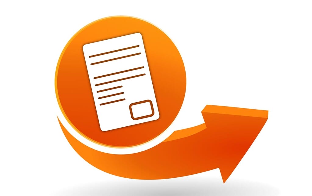 Orangefarbenes kreisförmiges Symbol mit weißem Dokument, Linien, Quadrat und einem orangefarbenen gebogenen Pfeil darunter.