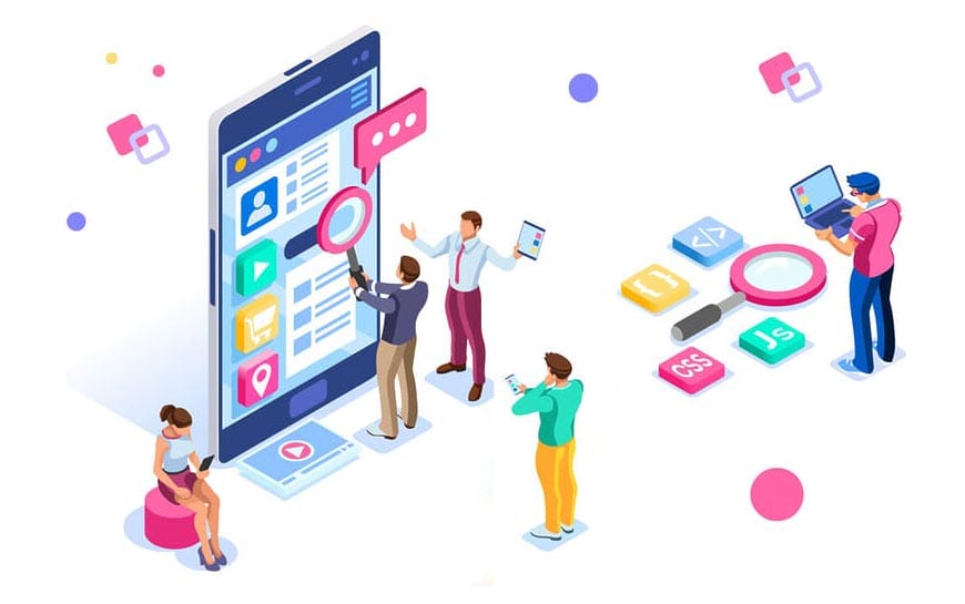 Menschen mit Geräten programmieren, diskutieren App-Oberflächen neben einem riesigen Smartphone mit HTML-, CSS- und JS-Symbolen.