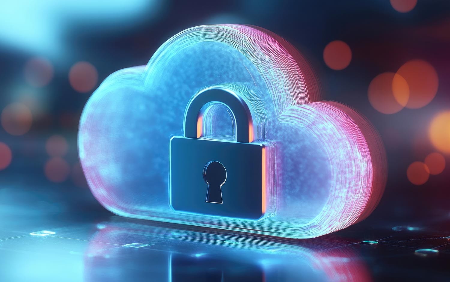 Glühende Wolke Symbol mit Vorhängeschloss, symbolisiert Wolke Sicherheit auf einem bunten digitalen Hintergrund.