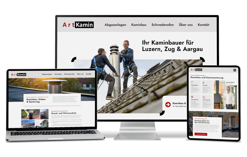 Die Website von Art Kamin wird auf Laptop, Tablet und Monitor mit Schornsteinbau-Fotos angezeigt.