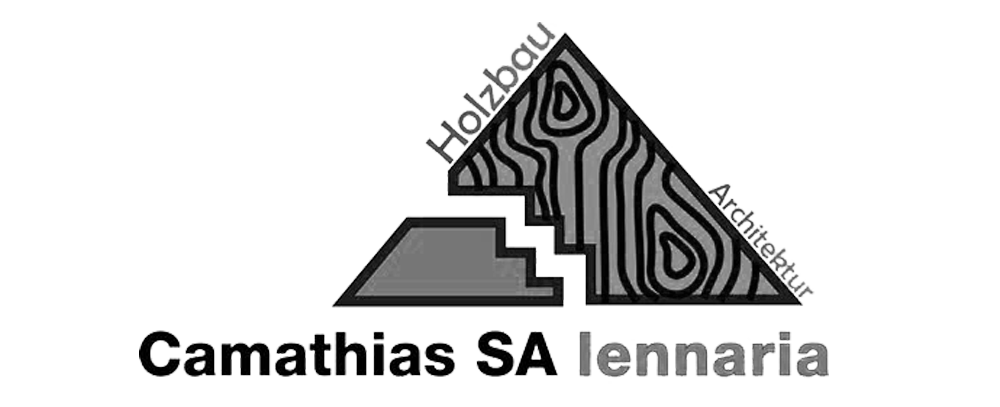 Logo: geometrischer Berg, Treppe links, Holzmaserung rechts; oben "Holzbau", unten "Architektur", unten "Camathias SA lennaria".