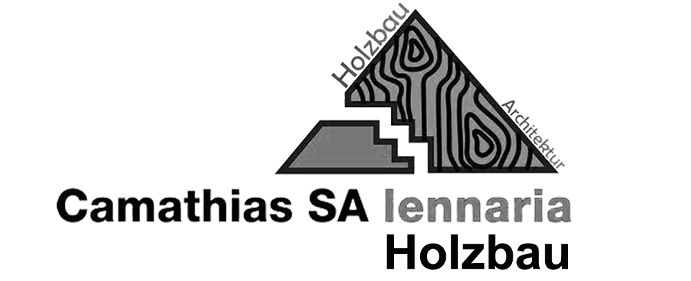 Dreieckiges Holzmaserungslogo, "Holzbau" und "Architektur" an den Seiten, "Camathias SA Iennaria Holzbau" darunter.