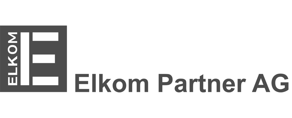 Logo der Elkom Partner AG: stilisiertes "E" und Firmenname, "ELKOM" vertikal in dunklem Quadrat.